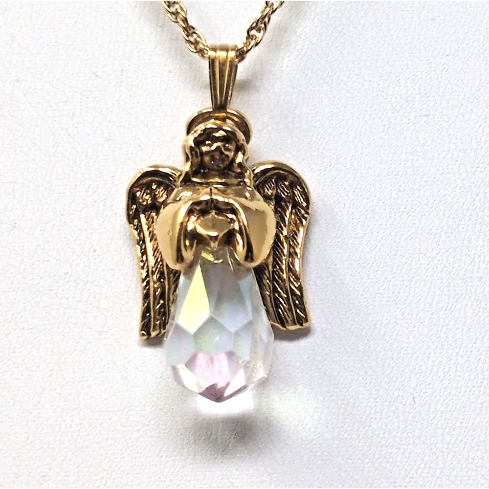 Vtg Gold Tone Angel Pendant Iridescent Crystal Drop Necklace Rope Chain Avon